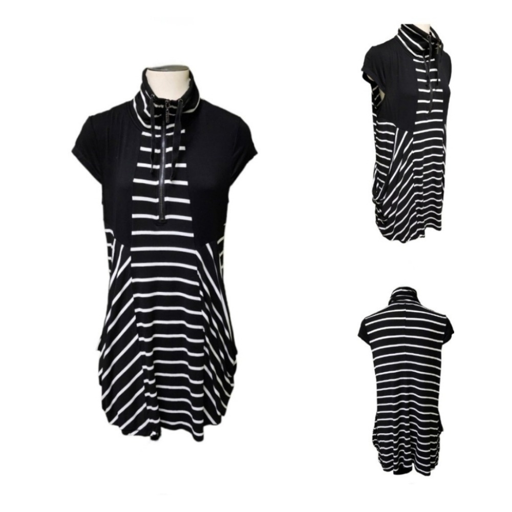 Patrizia Luca Milano Tunic Dress Women's Size S Black White Stripe Funnel Neck